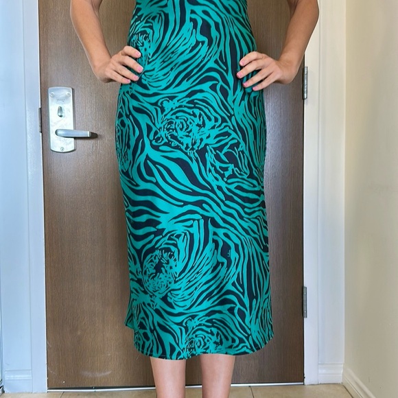 Lulu’s Safari Green Tiger Print Satin Cowl Neck Adjustable Strap Midi Dress - Picture 8 of 13